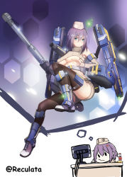 Rule 34 | 1girl, :o, aqua eyes, ass, bad id, bad pixiv id, bare shoulders, black thighhighs, breasts, chibi, cosplay, covered erect nipples, crop top, desk, detached sleeves, dreaming, dual persona, full body, gun, hair ornament, hairclip, hat, head rest, highres, honeycomb (pattern), honeycomb background, large breasts, midriff, no bra, panzer waltz, planetside, purple hair, reculata, ribbed sweater, short hair, sleeves past wrists, sparkle, sweater, thighhighs, turtleneck, turtleneck sweater, underboob, vashti bradley, weapon