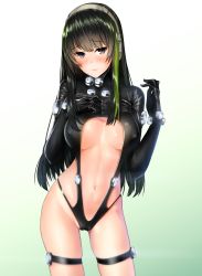 Rule 34 | 1girl, absurdres, alternate costume, black gloves, black hair, black leotard, blush, breasts, brown eyes, cameltoe, center opening, closed mouth, commentary request, contrapposto, cosplay, cosplay request, covered erect nipples, cowboy shot, gantz, gantz suit, girls&#039; frontline, gloves, gradient background, green background, green hair, hand on own chest, head tilt, headset, highres, image sample, legs apart, leotard, lips, long hair, looking at viewer, m4a1 (girls&#039; frontline), medium breasts, multicolored hair, pixiv sample, revealing clothes, shiny skin, solo, standing, streaked hair, thigh strap, ukeuke, underboob