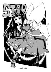 Rule 34 | 1girl, black footwear, black hair, boots, bow, character name, dated, dress, english text, fairy wings, finger to mouth, frilled dress, frills, from behind, greyscale, hair bow, hand on own hip, heran hei mao, hime cut, knee boots, long hair, long sleeves, looking at viewer, looking back, monochrome, shoe soles, smile, smug, star-shaped pupils, star (symbol), star sapphire, starry background, symbol-shaped pupils, touhou, wide sleeves, wings