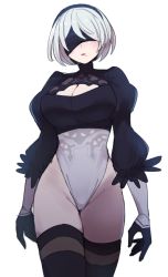 Rule 34 | 1girl, black blindfold, black hairband, black thighhighs, blindfold, boots, breasts, cleavage cutout, clothing cutout, do m kaeru, gloves, hairband, high heel boots, high heels, leotard, long sleeves, medium breasts, mole, mole under mouth, nier (series), nier:automata, puffy sleeves, short hair, simple background, solo, thigh boots, thighhighs, white background, white hair, white leotard, 2b (nier:automata)
