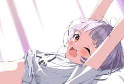 1girl, arms up, blush, clothes writing, commentary, curtains, flat chest, from side, highres, hololive, indoors, kounaien (comic1217), looking at viewer, lying, messy hair, midriff, murasaki shion, on back, one eye closed, open mouth, orange eyes, shirt, short sleeves, silver hair, sleepwear, solo, stretch, sunlight, t-shirt, tears, translated, upper body, virtual youtuber, waking up, white shirt, window