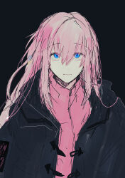 Rule 34 | 1girl, black bow, black coat, blue eyes, bocchi the rock!, bow, closed mouth, coat, cube hair ornament, gotoh hitori, hair ornament, highres, htnn111, jacket, long hair, looking at viewer, pink hair, pink jacket, simple background, smile, solo, track jacket, upper body