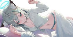 Rule 34 | 1girl, absurdres, animal ear fluff, animal ears, bed sheet, blue archive, blue eyes, breasts, cleavage, cross hair ornament, grey hair, hair ornament, halo, highres, hwan (verypoor), lying, medium breasts, medium hair, midriff, mismatched pupils, navel, on bed, on side, panties, shiroko (blue archive), shirt, simple background, solo, striped clothes, striped panties, unbuttoned, unbuttoned shirt, underwear, white background, white shirt, wolf ears