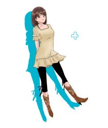 Rule 34 | 1girl, anegasaki nene, ankle boots, arms behind back, bad id, bad pixiv id, black eyes, black leggings, blush, boots, brown hair, casual, dress, hideyoshi (f-aki), high heels, leggings, looking at viewer, love plus, mole, mole under eye, shadow, shoes, short hair, simple background, smile, solo, white background