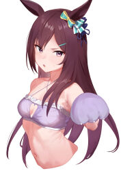 Rule 34 | 1girl, animal ears, animal hands, bare shoulders, bra, breasts, brown hair, criss-cross halter, cropped torso, gloves, hair ornament, hairclip, halterneck, hand up, highres, horse ears, long hair, looking at viewer, mejiro dober (umamusume), navel, open mouth, paw gloves, pink bra, purple eyes, simple background, small breasts, solo, sweatdrop, umamusume, underwear, upper body, white background, yonemochi yume