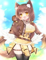 Rule 34 | 1girl, :d, angel wings, animal ear fluff, animal ears, backpack, bag, black thighhighs, blue sky, blush, breasts, brown hair, brown jacket, cleavage, cloud, commentary request, cropped jacket, day, dress, fang, feathered wings, frilled dress, frills, hair between eyes, halo, hands on own hips, jacket, long hair, long sleeves, low twintails, low wings, medium breasts, open clothes, open jacket, open mouth, original, outdoors, shikito (yawa0w0), skindentation, sky, smile, solo, tail, thighhighs, twintails, v-shaped eyebrows, very long hair, white wings, wings, yellow dress, yellow eyes