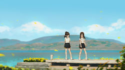 Rule 34 | 2girls, black hair, black skirt, chinese commentary, commentary request, highres, hua ming wink, leaf, long hair, mountain, multiple girls, original, outdoors, pointy ears, ponytail, scenery, school uniform, shirt, shoes, skirt, sneakers, standing, water, white footwear, white shirt, wide shot