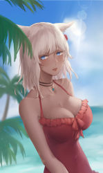 Rule 34 | 1girl, alternate costume, animal ears, warrior of light (ff14), bad id, bad pixiv id, blue sky, blurry, blurry background, blush, breasts, cleavage, cloud, collarbone, cowboy shot, day, final fantasy, final fantasy xiv, highres, jewelry, large breasts, looking at viewer, miqo&#039;te, necklace, one-piece swimsuit, palm tree, red lips, red one-piece swimsuit, rifu (643763873), sky, solo, swimsuit, tan, tree, upper body