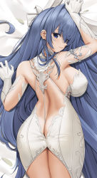 Rule 34 | 1girl, ass, azur lane, bed sheet, between buttocks, blue eyes, blue hair, breasts, butt crack, closed mouth, dakimakura (medium), dress, gloves, hair between eyes, highres, large breasts, long hair, looking at viewer, lying, new jersey (azur lane), new jersey (snow-white ceremony) (azur lane), on stomach, sideboob, smile, solo, tony guisado, white dress, white gloves