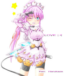 Rule 34 | 1girl, alternate costume, armor, bike shorts, blush, breasts, character name, densou tenshi valforce, enmaided, faulds, green eyes, harukaze ren, karukan (monjya), long hair, maid, maid headdress, medium breasts, one eye closed, over shoulder, pink hair, ponytail, salute, solo, striped, taut clothes, thrusters, very long hair, weapon, weapon over shoulder, wink