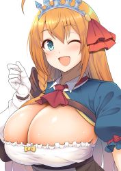 Rule 34 | 1girl, ahoge, blinking, blonde hair, blush, braid, breasts, cleavage, cleavage cutout, clothing cutout, crown, dress, green eyes, hair between eyes, highres, huge breasts, long hair, looking at viewer, pecorine (princess connect!), princess connect!, simple background, solo, white background, yue (show-ei)