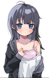 Rule 34 | 1girl, :/, ahoge, blush, camisole, collarbone, commentary request, grey eyes, grey hair, grey jacket, inusuku, jacket, long hair, looking at viewer, off shoulder, open clothes, open jacket, shiawasena neet no sodatekata, shirt, shizuku (neet-chan), simple background, single bare shoulder, sketch, solo, white background, white shirt