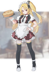Rule 34 | 1girl, alternate costume, apron, azur lane, black necktie, black thighhighs, blonde hair, blurry, blurry background, breasts, bu4321, cleveland (azur lane), enmaided, food, frills, hand on own hip, highres, holding, holding tray, long hair, maid, maid headdress, necktie, one side up, pie, red eyes, short sleeves, small breasts, solo, standing, thighhighs, tray, white apron, wrist cuffs