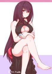 Rule 34 | 1girl, absurdres, bare shoulders, barefoot, blush, breasts, brown hair, cleavage, cleavage cutout, clothing cutout, collarbone, crossed legs, disco brando, fate/grand order, fate (series), highres, large breasts, long hair, looking at viewer, red eyes, scathach (fate), sitting, solo, twitter username