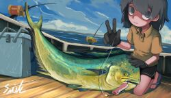 Rule 34 | 1girl, absurdres, black eyes, black gloves, black hair, black shorts, blue sky, boat, cloud, cloudy sky, commentary request, cooler, dolphin shorts, fish, fishing hook, fishing rod, flip-flops, gloves, hand on animal, hand up, highres, holding, kneeling, lalah 7th, long hair, looking at viewer, mahi-mahi, original, outdoors, polo shirt, sandals, shirt, shorts, signature, sky, solo, upturned eyes, w, watercraft, yellow shirt