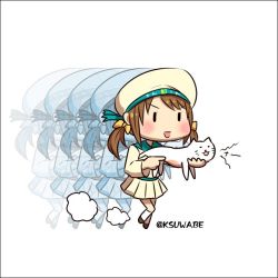 Rule 34 | 10s, 1girl, afterimage, animal, bow, brown hair, cat, commentary, error musume, girl holding a cat (kancolle), hair bow, hat, holding, holding animal, holding cat, k-suwabe, kantai collection, open mouth, pleated skirt, sailor hat, school uniform, serafuku, short hair, skirt, solo, street fighter, twintails, twitter username, white background