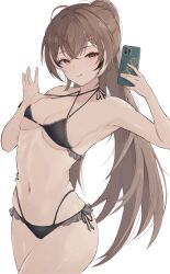 Rule 34 | 1girl, :q, absurdres, bikini, black bikini, breasts, brown eyes, brown hair, cellphone, chyraliss, hair ornament, hairclip, high ponytail, highres, holding, holding phone, hololive, hololive english, long hair, medium breasts, nanashi mumei, navel, phone, selfie, simple background, smartphone, solo, stomach, swimsuit, tongue, tongue out, very long hair, virtual youtuber, white background