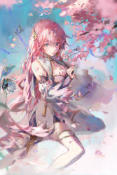 Rule 34 | 1girl, bare shoulders, blue eyes, breasts, bug, butterfly, cherry blossoms, cleavage, commentary, detached sleeves, eyebrows hidden by hair, falling petals, foot out of frame, gold trim, hand up, highres, insect, jewelry, legs, long hair, looking at viewer, medium breasts, mistedsky, necklace, original, parted lips, pendant, petals, pink hair, plant, sitting, sleeveless, solo, tassel, thighhighs, very long hair, water drop, white sleeves, white thighhighs, yokozuwari
