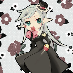Rule 34 | 1girl, black dress, blue eyes, bow, commentary request, cowboy shot, dress, enchiru, floral background, flower, flower in mouth, frilled hat, frills, grey background, grey hair, habit, hat, heart, juliet sleeves, long hair, long sleeves, looking at viewer, lowres, mini hat, pink bow, pink flower, priest (ragnarok online), puffy sleeves, ragnarok online, solo, top hat