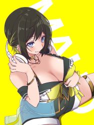 Rule 34 | 163 (shiromeshi), 1girl, akashi maho, bangle, black hair, black shorts, blonde hair, blouse, blue eyes, bracelet, breasts, character name, cleavage, collarbone, covered erect nipples, cowboy shot, d4dj, frilled straps, from above, gold choker, gold necklace, half updo, halterneck, headphones, headphones around neck, jewelry, large breasts, looking at viewer, looking up, multicolored hair, multicolored shirt, necklace, shirt, short hair, shorts, sidelocks, simple background, sitting, smile, solo, spaghetti strap, spread legs, tan, thighlet, unzipping, white shirt, yellow background, yellow shirt, zipper, zipper pull tab