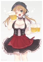 Rule 34 | 10s, 1girl, alcohol, beer, beer mug, blonde hair, breasts, cup, dirndl, german clothes, head scarf, kantai collection, large breasts, long hair, looking at viewer, mug, oktoberfest, one eye closed, open mouth, prinz eugen (kancolle), riruno, smile, solo, twintails, twitter username
