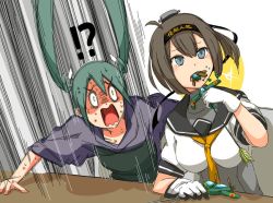 Rule 34 | 2girls, aircraft, airplane, akizuki (kancolle), arrow (projectile), blue eyes, breasts, brown hair, clothes writing, commentary request, corset, eating, gloves, green hair, grey eyes, hachimaki, hair between eyes, hair ribbon, headband, headgear, japanese clothes, kantai collection, kenji (8zidayo), kimono, long hair, motion lines, multiple girls, muneate, neckerchief, open mouth, ponytail, propeller, purple kimono, ribbon, school uniform, serafuku, shaded face, short sleeves, sparkle, sweatdrop, table, turn pale, twintails, upper body, wavy mouth, white gloves, white ribbon, yellow eyes, yellow neckerchief, zuikaku (kancolle)