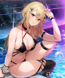 Rule 34 | 1girl, absurdres, ahoge, bare shoulders, blush, breasts, brown hair, character request, ear piercing, evertale, hair between eyes, hair ornament, hairclip, highres, kakage, large breasts, long hair, looking at viewer, piercing, pool, poolside, red eyes, solo, swimsuit, thigh strap, thighhighs, thighs, water, wet