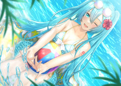 Rule 34 | 1girl, ;d, absurdres, ball, bare arms, bare legs, beachball, bikini, blue bikini, blue eyes, blue hair, blue nails, blurry, blurry foreground, bow, breasts, cleavage, collarbone, copyright name, day, eyewear on head, flower, front-tie bikini top, front-tie top, hair between eyes, hair flower, hair ornament, hatsune miku, hibiscus, highres, long hair, looking at viewer, nail polish, nei (aduma1120ponpon), number tattoo, one eye closed, open mouth, outdoors, red flower, ribbon, round eyewear, shoulder tattoo, side-tie bikini bottom, sitting, small breasts, smile, solo, sparkle, striped bikini, striped clothes, summer, sunglasses, swimsuit, tattoo, very long hair, vocaloid, white bow, yellow ribbon