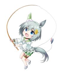 Rule 34 | 1girl, :d, animal ears, blue eyes, fishing line, fishing lure, fishing rod, flower, full body, fur trim, green sailor collar, green shorts, grey footwear, grey hair, hair between eyes, hair flower, hair ornament, hairclip, highres, holding, holding fishing rod, horse ears, horse girl, horse tail, kuena, open mouth, sailor collar, seiun sky (umamusume), shirt, shoes, short shorts, shorts, simple background, smile, solo, standing, standing on one leg, tail, umamusume, white background, white shirt, yellow flower