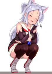 Rule 34 | 1girl, american flag neckwear, animal ears, arm on knee, arm rest, azur lane, bare shoulders, black gloves, black vest, blush, boots, breasts, cat ears, cat girl, clenched hand, closed eyes, commentary request, dedorudy, dress, elbow gloves, facing viewer, fingerless gloves, full body, gloves, green panties, hand up, happy, high heel boots, high heels, highres, leaning forward, legs apart, long hair, necktie, open mouth, panties, sims (azur lane), skindentation, sleeveless, sleeveless dress, small breasts, smile, solo, squatting, striped clothes, striped panties, teeth, thighhighs, tiptoes, underwear, unzipped, upper teeth only, v, very long hair, vest, white dress, white hair
