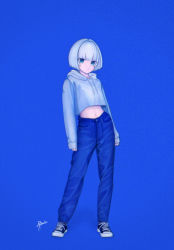 Rule 34 | 1girl, absurdres, blue background, blue eyes, blue theme, bob cut, closed mouth, denim, full body, highres, hood, hoodie, jeans, looking at viewer, midriff, navel, original, pants, ryuchin, shoes, short hair, signature, sneakers, solo, standing, white hair