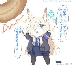 Rule 34 | 1girl, animal ear fluff, animal ears, armband, arms up, black jacket, blonde hair, blue archive, blue eyes, blue halo, blue necktie, blue shirt, chibi, collared shirt, commentary request, dog ears, doughnut, food, full body, hair over one eye, halo, jacket, kanna (blue archive), necktie, open mouth, pencil skirt, police, police uniform, policewoman, purple armband, rate world mk1, shirt, simple background, skirt, solo, speech bubble, standing, translation request, twitter username, uniform, white background