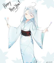 Rule 34 | 1girl, 2021, ahoge, amatsuka uto, angel wings, artist name, blue eyes, blue hair, blue kimono, closed eyes, english text, fireworks, full body, hair ornament, hairclip, happy new year, highres, indie virtual youtuber, japanese clothes, kimono, lendivere, long hair, long sleeves, new year, obi, patterned clothing, ribbon, sash, signature, simple background, smile, solo, sparkler, teeth, twintails, virtual youtuber, white background, wings