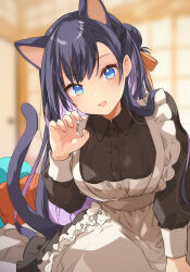 Rule 34 | 1girl, animal ears, apron, black hair, blue eyes, blurry, blurry background, blush, breasts, cat ears, cat girl, cat tail, colored inner hair, cushion, depth of field, extra ears, fingernails, hair bun, hand up, highres, kamiyoshi rika, long hair, looking at viewer, maid, maid apron, medium breasts, multicolored hair, open mouth, original, purple hair, sarasara-chan (kamiyoshi rika), single hair bun, smile, solo, tail, very long hair, wing collar