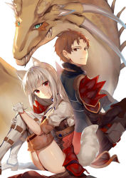 Rule 34 | 1boy, 1girl, animal ears, bad id, bad pixiv id, blue eyes, boots, brown eyes, brown hair, closed mouth, commentary request, copyright request, dragon, gloves, head tilt, highres, jacket, kouyafu, long sleeves, looking at viewer, novel illustration, official art, pouch, simple background, sitting, smile, spikes, tail, thigh boots, thighhighs, white background, white gloves, white thighhighs, wolf ears, wolf tail