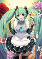 Rule 34 | 1000marie, 1girl, adapted costume, alice in wonderland, alternate costume, aqua hair, bad id, bad pixiv id, bread, bridal gauntlets, butter, enmaided, flower, food, frills, gathers, hatsune miku, highres, jam, lips, long hair, maid, nail polish, necktie, solo, thighhighs, twintails, vocaloid, zettai ryouiki