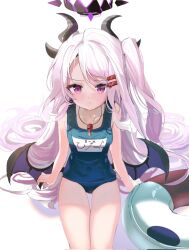 Rule 34 | 1girl, ahoge, arm support, blue archive, blush, collarbone, commentary request, demon girl, demon horns, demon wings, dripping, dropaccount 17, forehead, hair ornament, hairclip, halo, highres, hina (blue archive), hina (swimsuit) (blue archive), horns, innertube, long hair, looking at viewer, name tag, official alternate costume, official alternate hairstyle, old school swimsuit, one side up, parted bangs, parted lips, purple eyes, school swimsuit, sidelocks, simple background, sitting, solo, swim ring, swimsuit, wavy hair, whistle, whistle around neck, white background, white hair, wings