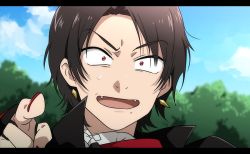 Rule 34 | 10s, 1672, 1boy, anime coloring, bad id, bad pixiv id, brown hair, earrings, fangs, jewelry, kashuu kiyomitsu, letterboxed, male focus, nail polish, open mouth, personification, pointing, portrait, red eyes, solo, touken ranbu