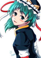 Rule 34 | 1girl, anime coloring, black hat, blush, frilled headwear, from side, fugeki, green eyes, green hair, hat, hat ribbon, layered sleeves, long sleeves, looking at viewer, looking to the side, medium hair, open mouth, red ribbon, ribbon, short over long sleeves, short sleeves, signature, simple background, solo, touhou, upper body, white background, white ribbon, yamada (b-gata h-kei)