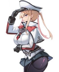 Rule 34 | 1girl, arm under breasts, black gloves, black pantyhose, black skirt, blonde hair, breasts, capelet, celtic knot, cowboy shot, cross, gloves, graf zeppelin (kancolle), grey eyes, hat, highres, holding, holding clothes, holding hat, iron cross, kantai collection, large breasts, looking at viewer, military, military hat, military uniform, miniskirt, pantyhose, peaked cap, pleated skirt, sidelocks, simple background, simplecar, skirt, solo, standing, twintails, uniform, white background