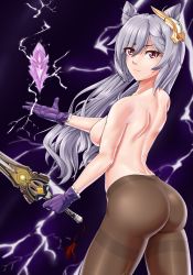 Rule 34 | 1girl, ass, bare shoulders, blush, breasts, cabbriolet, from behind, genshin impact, gloves, hair ornament, highres, keqing (genshin impact), lightning, long hair, looking at viewer, medium breasts, pantyhose, prototype rancour, red eyes, shiny skin, sideboob, silver hair, solo, sword, topless, twintails, very long hair, weapon