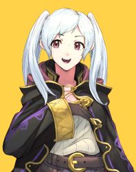 Rule 34 | 1girl, belt, brown gloves, fire emblem, fire emblem awakening, gloves, grimmelsdathird, highres, hood, hood down, long sleeves, nintendo, open mouth, red eyes, robin (female) (fire emblem), robin (fire emblem), simple background, solo, twintails, upper body, white hair, yellow background