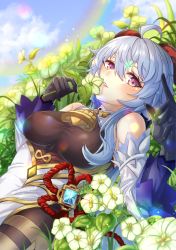 Rule 34 | 1girl, absurdres, ahoge, bell, black bodysuit, black gloves, blue hair, blurry, bodysuit, commentary request, depth of field, detached sleeves, field, flower, flower field, ganyu (genshin impact), genshin impact, gloves, grey eyes, hair between eyes, highres, holding, holding flower, horns, huge filesize, leegh19769, long hair, looking at viewer, lying, neck bell, parted lips, sidelocks, smile, solo, vision (genshin impact)