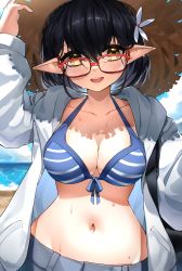 Rule 34 | 1girl, absurdres, arm up, ayane (blue archive), ayane (swimsuit) (blue archive), beach, bikini, black hair, blue archive, blue bikini, blush, breasts, casul, cloud, commentary, english commentary, eyebrows hidden by hair, flower, glasses, hair between eyes, hair flower, hair ornament, hand on headwear, hat, highres, jacket, large breasts, long sleeves, looking at viewer, medium hair, mixed-language commentary, navel, open clothes, open jacket, open mouth, outdoors, pointy ears, red-framed eyewear, smile, solo, straw hat, striped bikini, striped clothes, swimsuit, teeth, upper teeth only, water, wet, white jacket, yellow eyes