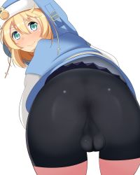 Rule 34 | 1boy, artist request, ass, bike shorts, blonde hair, blue eyes, blush, bridget (guilty gear), bulge, from behind, guilty gear, guilty gear strive, highres, looking at viewer, looking back, male focus, medium hair, shorts, simple background, smile, solo, trap, white background