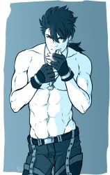 Rule 34 | 1boy, abs, belt, biceps, bracelet, cigarette, cowboy shot, crescent, crescent necklace, cu chulainn (fate), cu chulainn (fate) (all), cu chulainn (fate/prototype), earrings, fate (series), fingerless gloves, gloves, grin, groin, hoop earrings, jewelry, keyhof, lighting cigarette, long hair, looking at viewer, male focus, male pubic hair, muscular, navel, necklace, ponytail, pubic hair, red eyes, smile, smoking, solo, spiked hair, topless male, type-moon