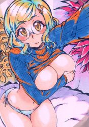 Rule 34 | 1girl, blonde hair, blush, breasts, covering privates, covering breasts, glasses, hair ornament, hairpin, highres, kusanagi tonbo, large breasts, panties, short hair, side-tie panties, solo, sweater, turtleneck, turtleneck sweater, underwear, wavy mouth