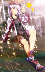 Rule 34 | 1girl, baseball cap, bike shorts, bike shorts under shorts, cityscape, contemporary, earpiece, fate/grand order, fate (series), hat, highres, holographic interface, jewelry, kama (fate), pendant, red eyes, shoes, shorts, silver hair, smile, sneakers, solo, star (symbol), tanashi (mk2)