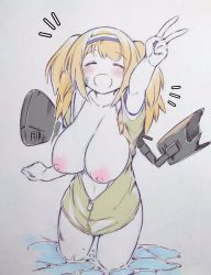 Rule 34 | 1girl, :d, ^ ^, arm up, blonde hair, breasts, closed eyes, commentary request, grey background, hairband, highres, i-26 (kancolle), kantai collection, large breasts, navel, nipples, open mouth, partially submerged, short sleeves, smile, solo, split mouth, thighs, traditional media, tsukareta san, twintails, v, wading, water, zipper