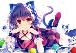 Rule 34 | 1girl, absurdres, animal ears, black footwear, blue hairband, blush, brown eyes, brown hair, cat, cat ears, cat tail, checkered floor, fang, fang out, hair between eyes, hairband, halterneck, head rest, highres, huge filesize, layered skirt, looking at viewer, lying, mary janes, miniskirt, misaki kurehito, on stomach, original, shoes, short hair, simple background, skirt, smile, solo, tail, thighhighs, white background, white thighhighs, wrist cuffs